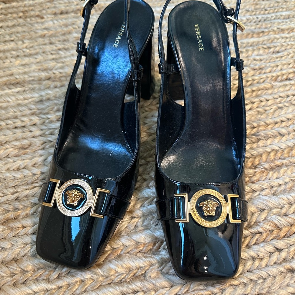 Versace Black and Gold Heels with Slingback Design